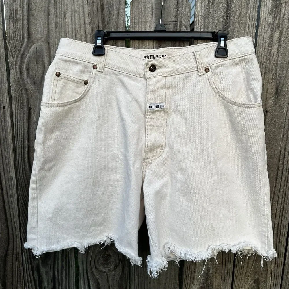 Vintage Boss Shorts Mens 36 White Denim Hip Hop Rap 90s Baggy Spellout Logo Fray
